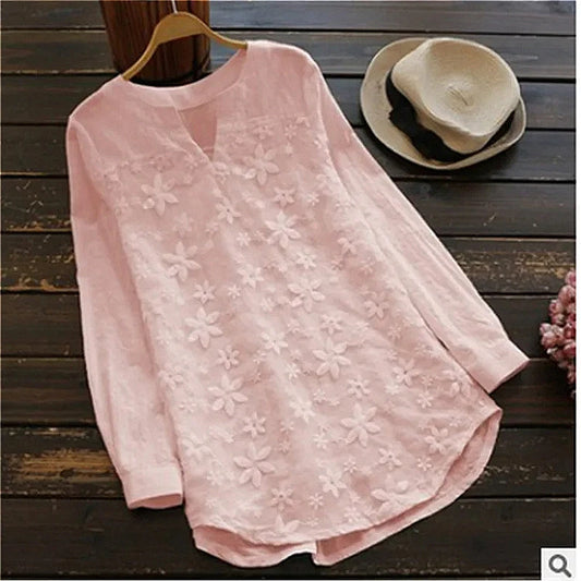 Elegant V Neck Embroidery Loose Shirts