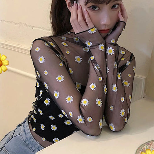 Daisy Flower Print Transparent Fishnet T Shirt