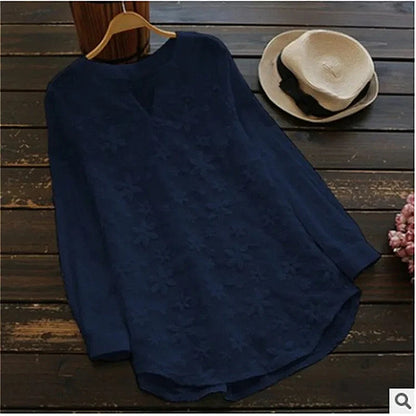 Elegant V Neck Embroidery Loose Shirts