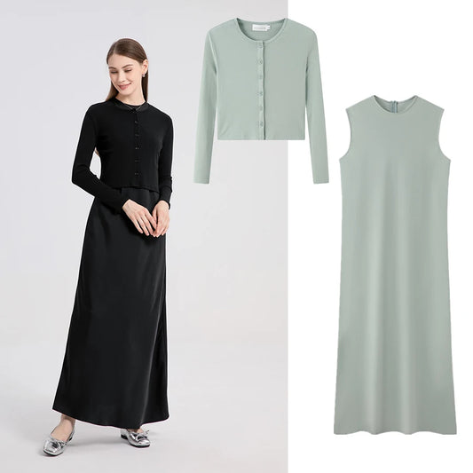 Closed-fit wrap tops + Satin Maxi matching Dress sets