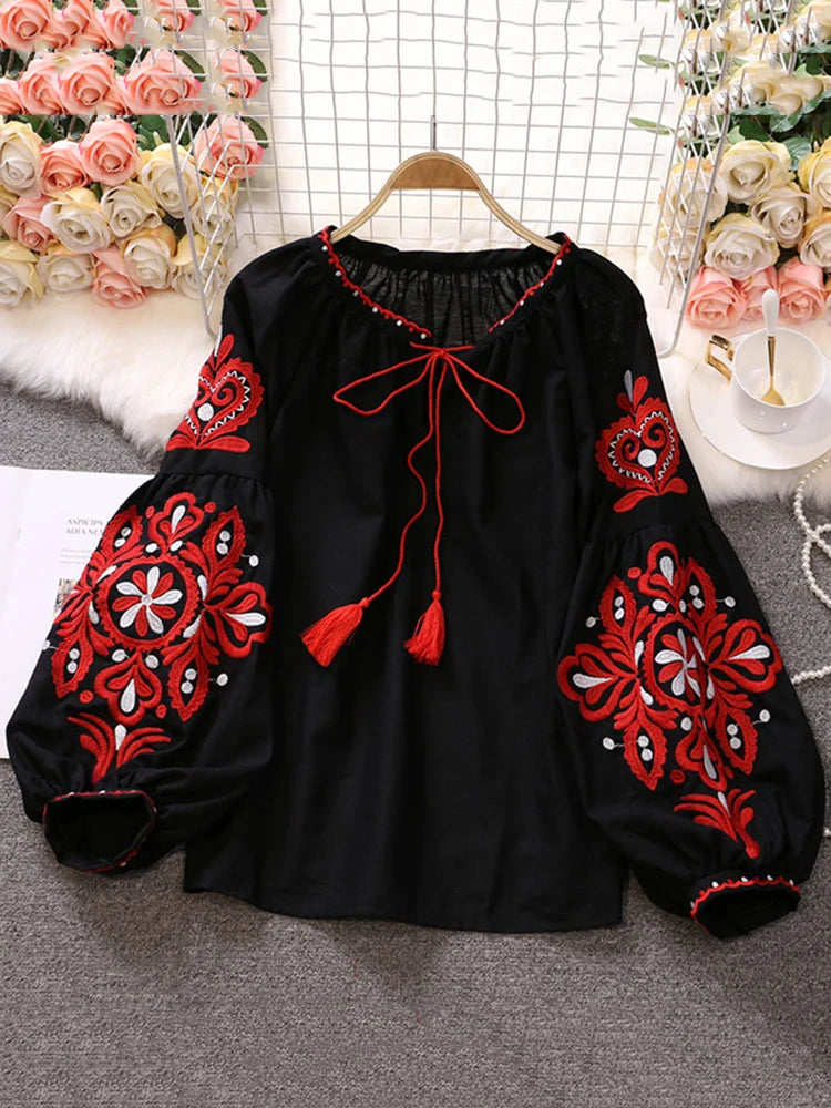 Patchwork Embroidery Long-sleeve Blouse