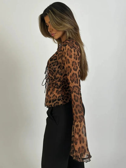 Leopard Chiffon Lace-up V Neck Tops