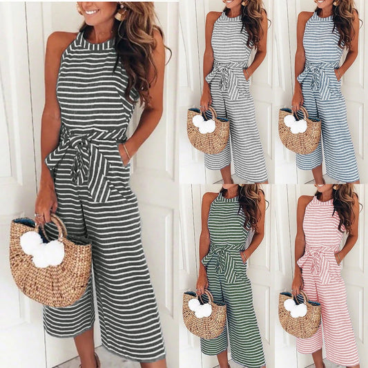 Striped Lace-Up Jumpsuits