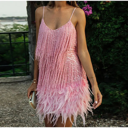 Tassel Sequins Feather Mini Dresses