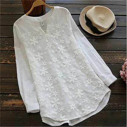 Elegant V Neck Embroidery Loose Shirts