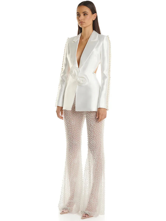 Appliques Pearls Beaded Blazer Gauze Pants