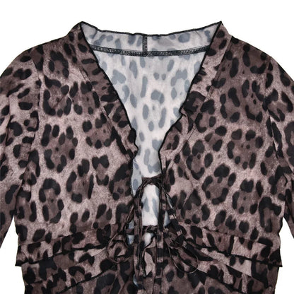 Leopard Chiffon Lace-up V Neck Tops