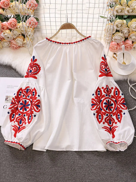 Patchwork Embroidery V-neck Blouse